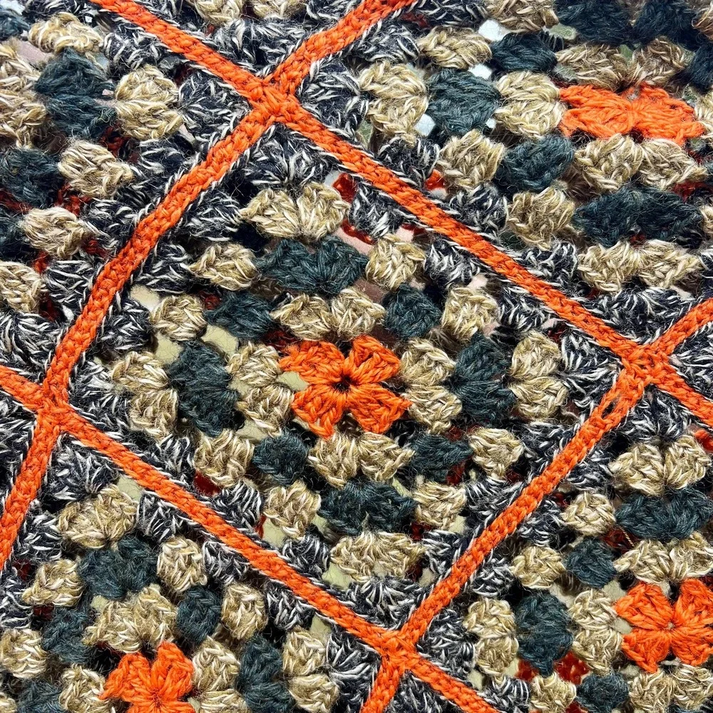 Vintage Crochet Granny Square Afghan Blanket Fall Colors 74x45.5